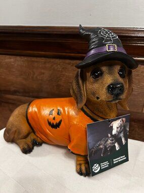Halloween Dachshund Statue with Witch Hat & Pumpkin Sweater Figurine